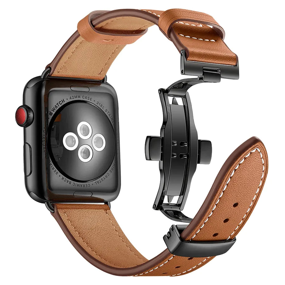 Echt-Leder Armband mit Schmetterlingsschnalle für Apple Watch