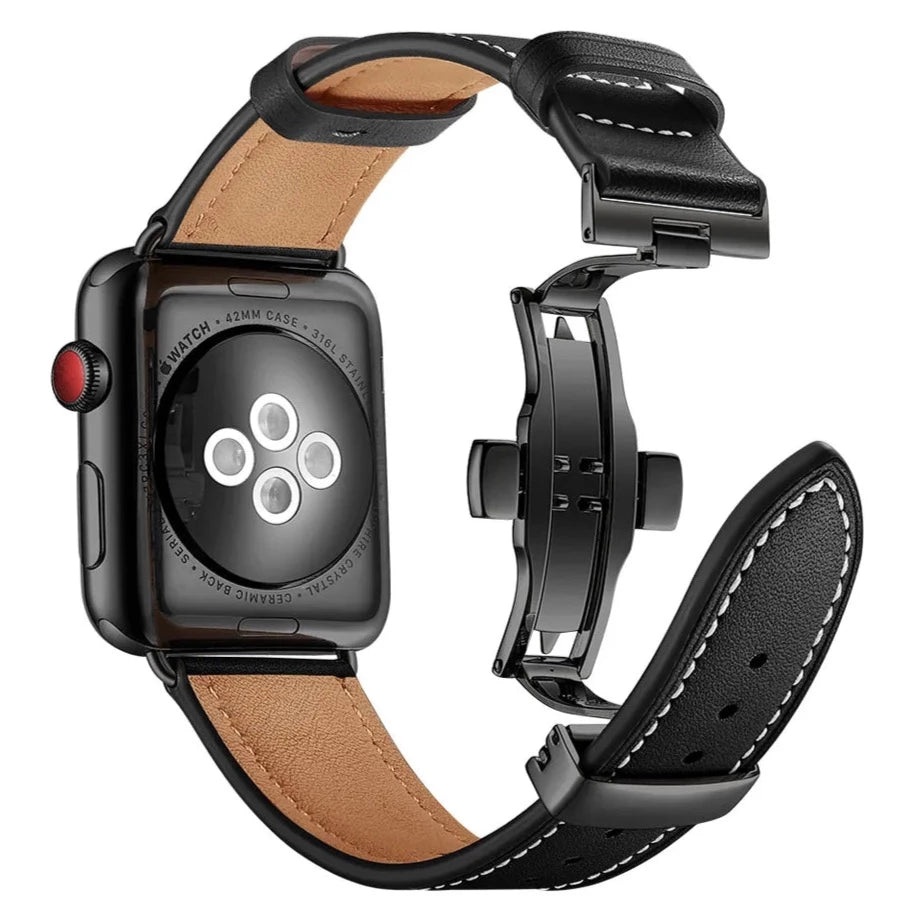 Echt-Leder Armband mit Schmetterlingsschnalle für Apple Watch