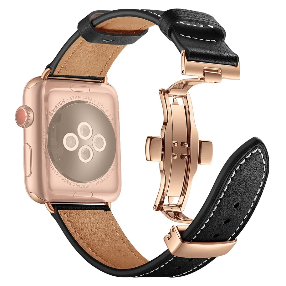 Echt-Leder Armband mit Schmetterlingsschnalle für Apple Watch